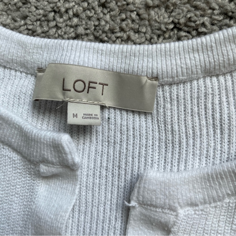 Loft White Ribbed Split Neck Balloon Sleeve Pullover Sweater Size M - Picture 3 of 6